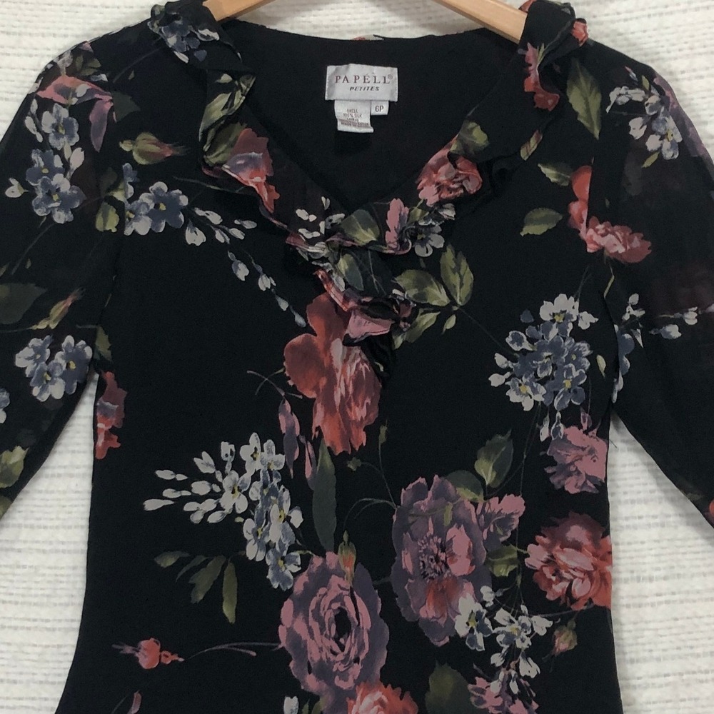 Papell Petites‎ 100% Silk Floral Ruffle V-Neck Blouse Black Pink 6P 3/4 Sleeve